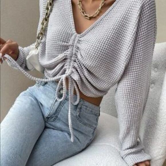 New Ruched Front Crop Top Casual Trending Fall Women's Sexy Tie Deep V Neck Puff - Picture 1 of 7
